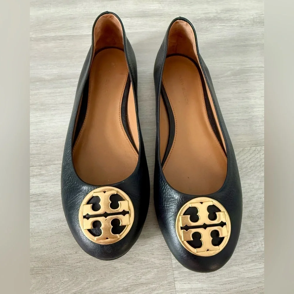 Tory Burch Benton Ballet Flats Shoes Black Nappa Leather Gold Tone Logo Size 6